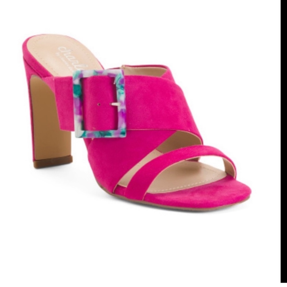 Charles David Pink Suede Crisscross Block Heel Sandals - Picture 3 of 5